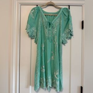 Sundance Embroidered Turquoise Boho Dress/Coverup with Bird Motif